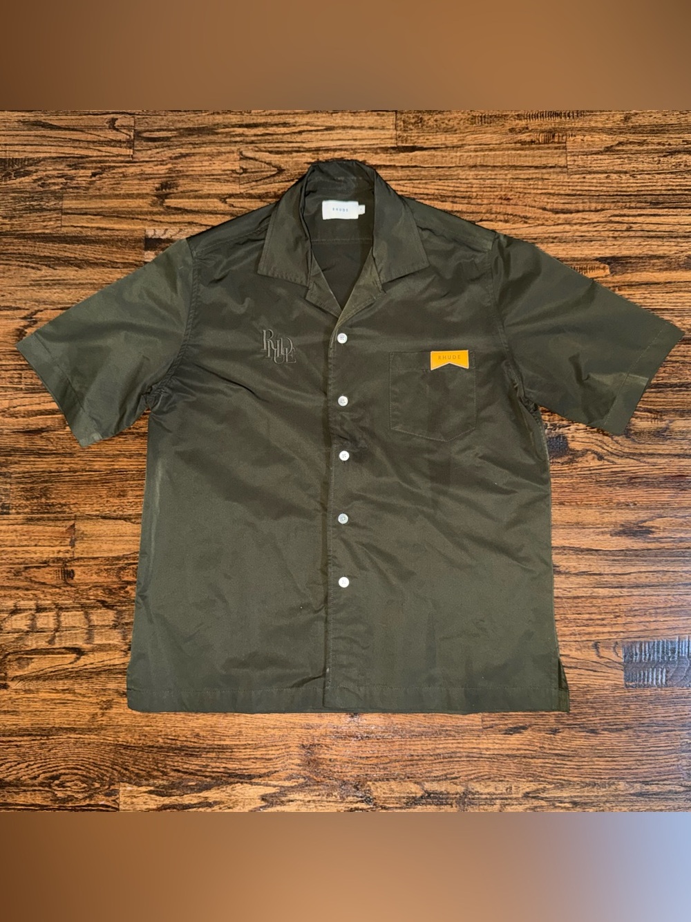 Rhude Nylon S/S Button-Up Shirt Embroidered & Leather Logo Dark Green Size M